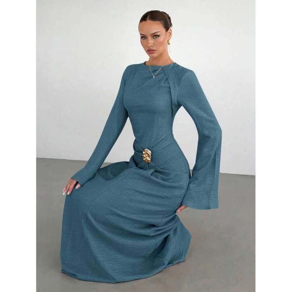 Siren Gaze Dusty Blue Twist Front Metal Buckle Flare Long Sleeve - Picture 4 of 6